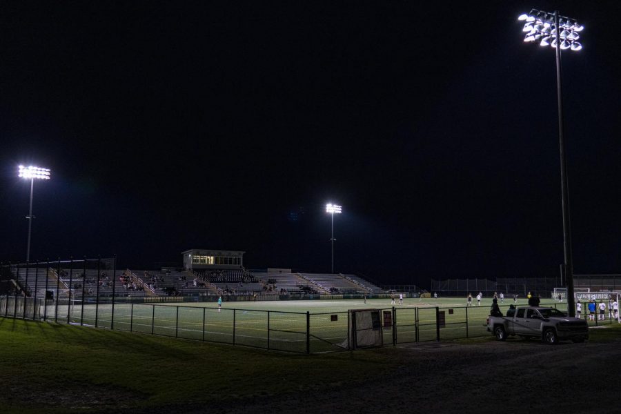 Virtue Field is illuminated while the Men’s club soccer team plays a charity game May 8. All proceeds from the game were donated to Hope Works, a Chittenden County based organization that works with survivors of sexual assault and violence.