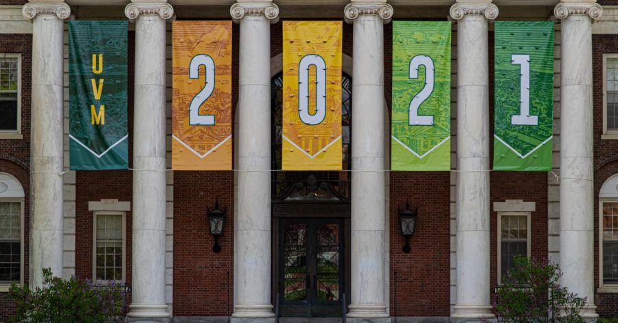 Class of 2021 banners hang from the Waterman building May 19.