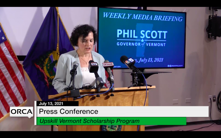 Provost and Senior Vice President Patricia Prelock speaks at Governor Phil Scott's weekly press conference July 13.