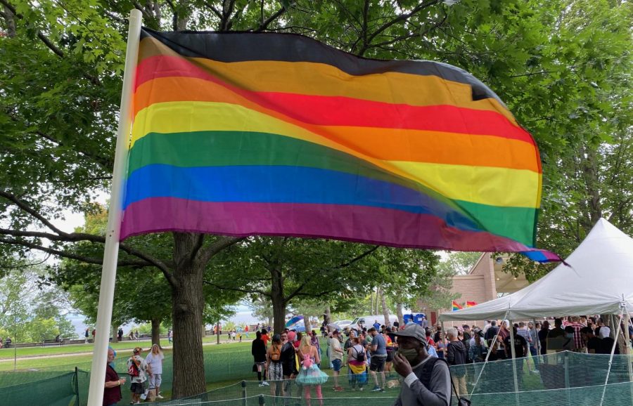 A Philadelphia Pride flag, which represents intersectionality within the LGBTQ+ community and a legacy of activism, flies over Burlington Pride Sept. 5. 