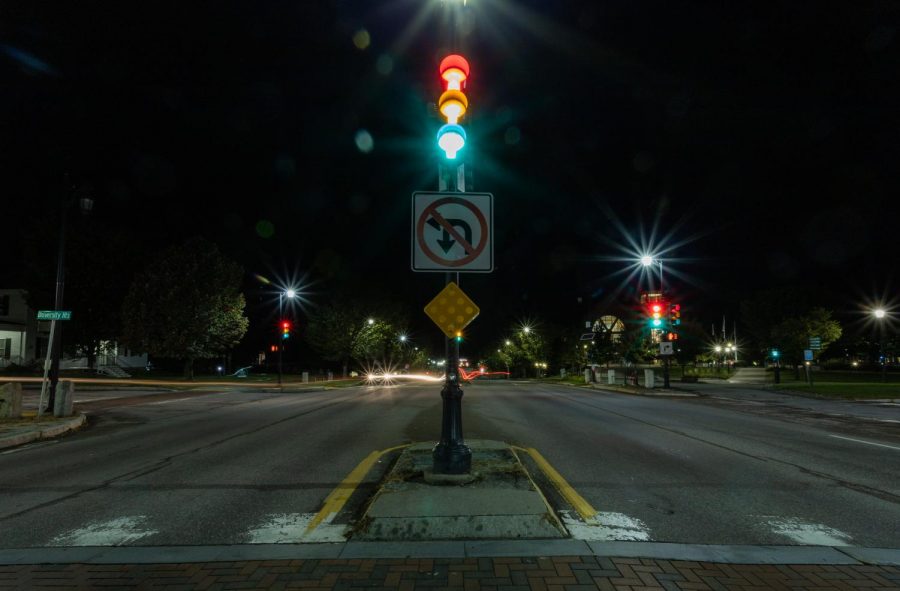 The crosswalk at the intersection of Main Street by University Heights as photographed at 12 am on Monday, Sept. 26.