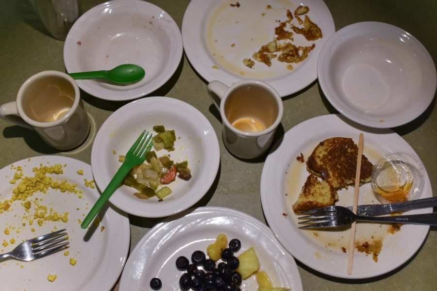 A set of dishes are photographed on a table at Simpson Dining Hall.