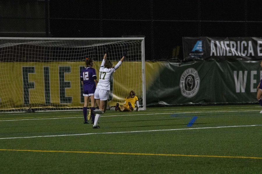 Junior Frances O'Donnell throws her hands in the air in celebration at the Nov. 4 America East Semifinals.