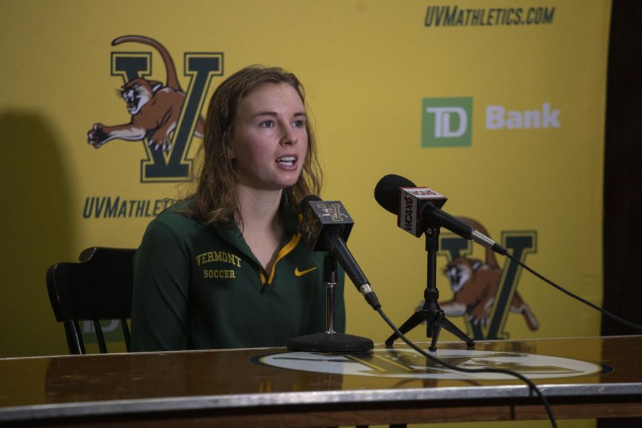 Graduate student Ella Bankert speaks at a press conference about their upcoming match for the NCAA Nov. 10.
