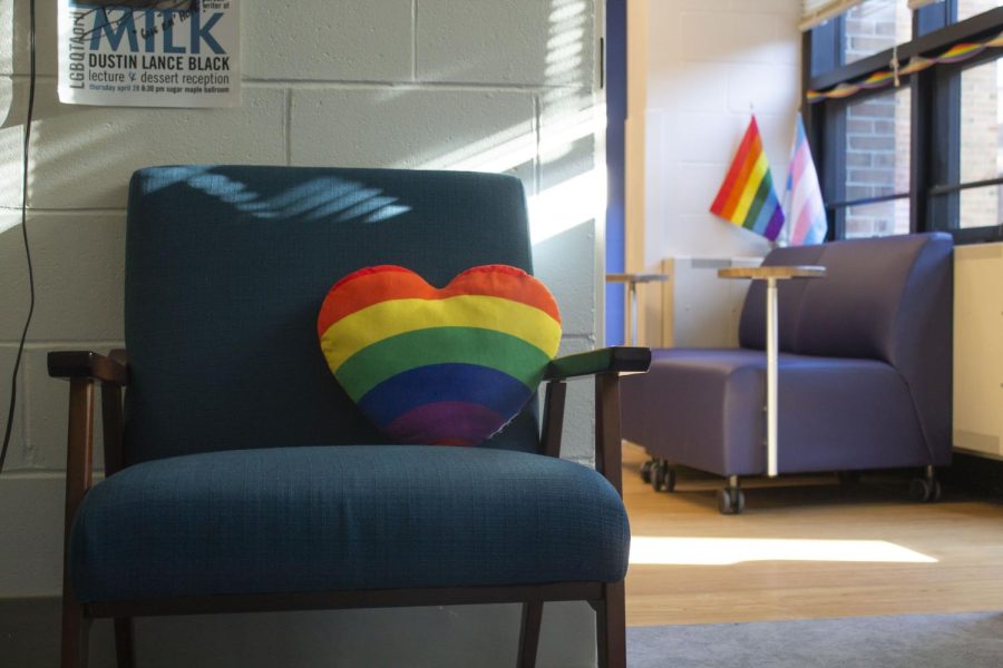 A chair with a pride flag pillow sits in Student Longue B in the Prism Center Nov. 3. The Prism Center is located in Living/Learning Building C.
