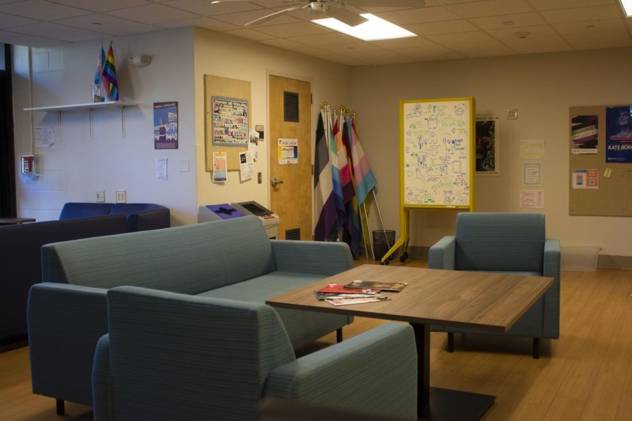 Pride flags lean in the corner of Student Lounge A in the Prism Center Nov. 3.
