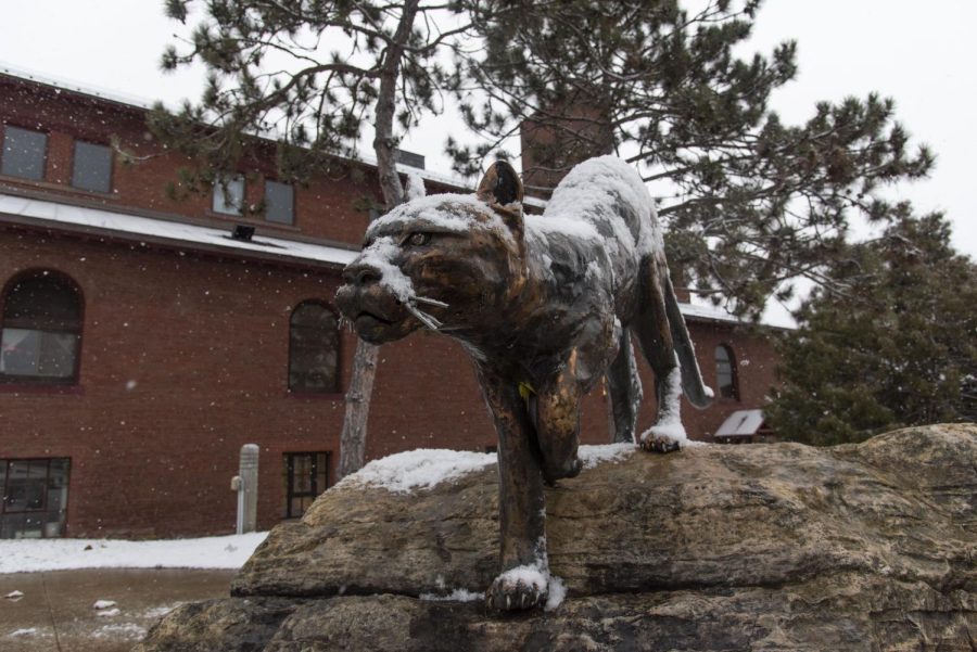 The catamount statue sits quietly on the weekends. 