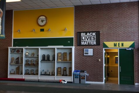 The Black Lives Matter flag hangs framed in the Patrick Gym lobby on Jan. 14.

