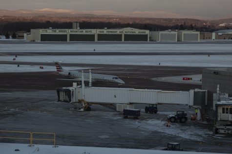 An American Airlines plane from Philadelphia lands at the Burlington Airport landing on Jan. 14.
