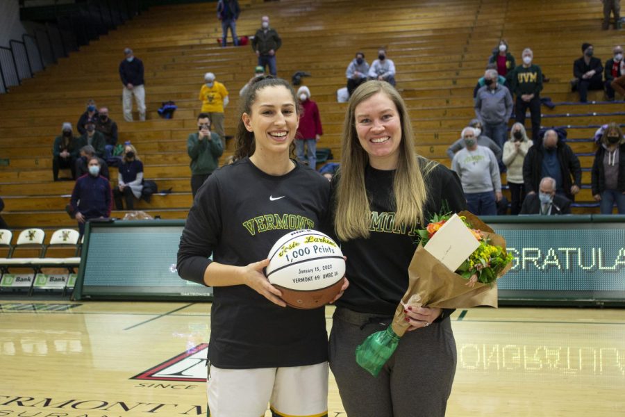 +Graduate+guard+Josie+Larkins+poses+with+her+1%2C000+point+award+and+her+head+coach%2C+Alisa+Kresge%2C+on+Jan.+26.+Larkins+scored+her+1%2C000+point+on+Jan.+15+at+a+home+game+against+University+of+Maryland%2C+Baltimore+County.%0A