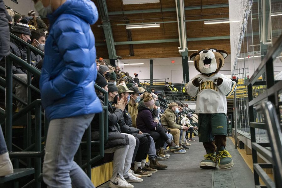 Rally Cat engages with spectators at UVM Women’s Hockey at Pack the Gut Challenge, an annual event attempting to break attendance record, on Jan. 21. 