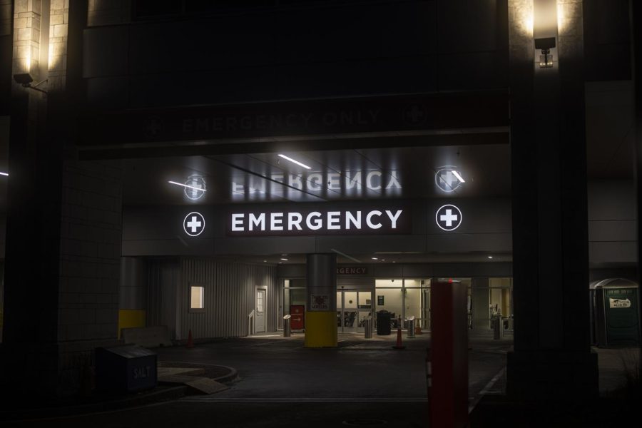 The UVM Medical Center Emergency Department Entrance lights the night of Feb. 17.