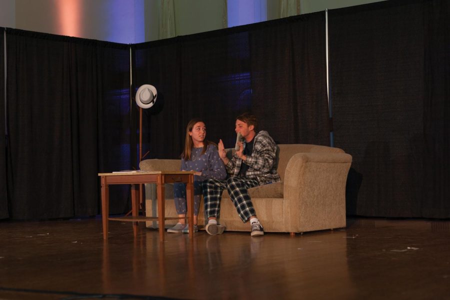 Sophomore Abby Bizzozero, and junior Calvin Szulc, performing in “Student Film” by Maggie Mccloskey, a senior.