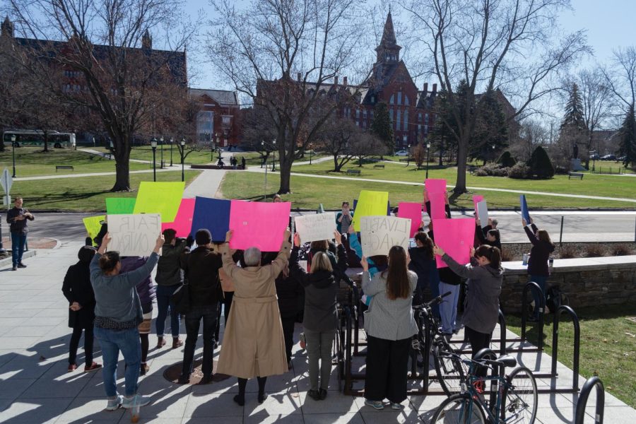 UVM students and staff protesting outside of the Waterman Building April 11.