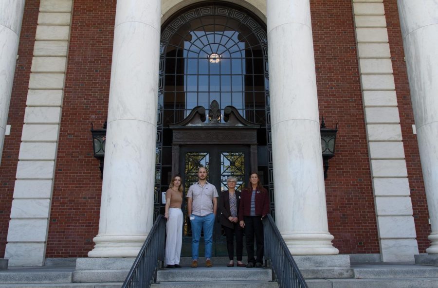 Staff Union members in front of the Waterman building. The building has been a significant location for the Staff Union, as it houses the University’s administrative offices and many union rallies are held on its front steps. 
