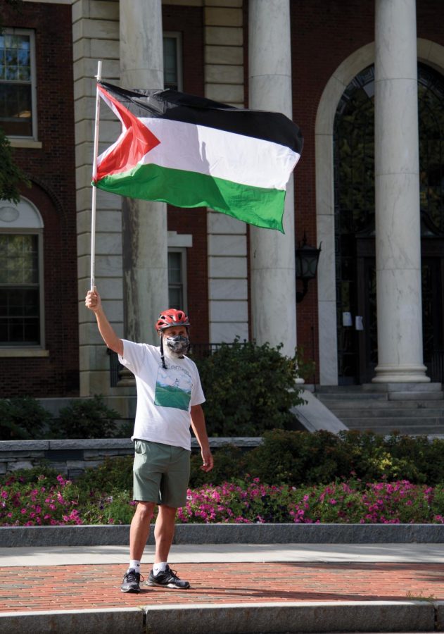 A protester at the Vermonters for Justice in Palestine protest in support of Palestine in front of Waterman building, the building that houses most of the University’s administrative offices, Sept. 21. 