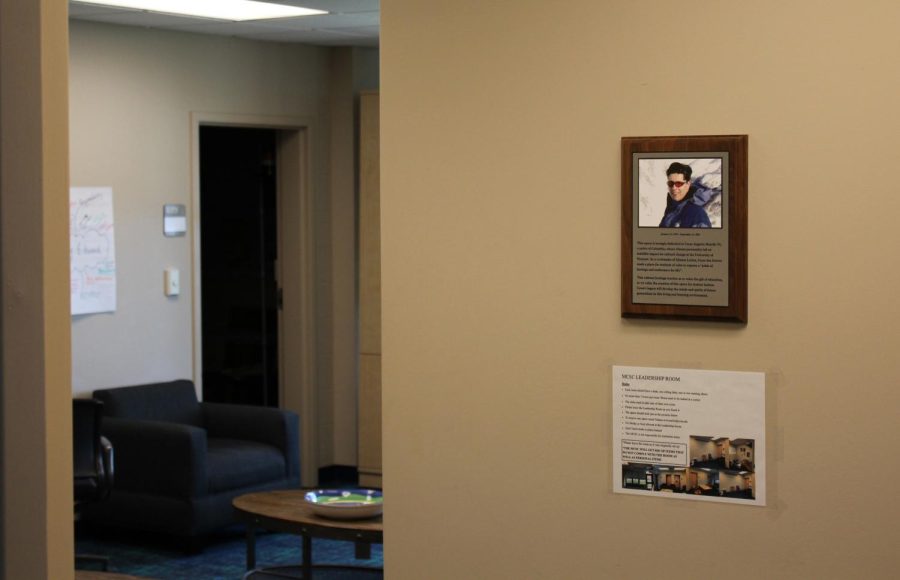 A plaque dedicated to Cesar Murillo 91 in the Mosaic Center Student Leadership Group office in the Living/Learning Center Sept. 23. 