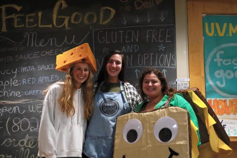 Officers junior Kelsey Rodowicz, senior Lauren Snow and senior Maddie Fishman of UVM FeelGood at their grilled cheese stand by the tunnel in the Davis Center September 1.