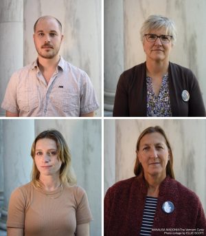 A few of the faces of UVM’s Staff Union, including (clockwise from left) Matt Rooney, Rachel Wallace-Brodeur, Ellen Kaye, and Kelli Joyce outside the Waterman building Sept. 15. Photo collage by Ellie Scott. 