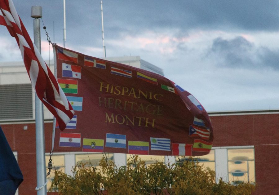 The Hispanic Heritage Month flag outside the Davis Center Oct. 9. Alianza Latinx helps organize the annual raising of the flag, which went up on Sept. 15.