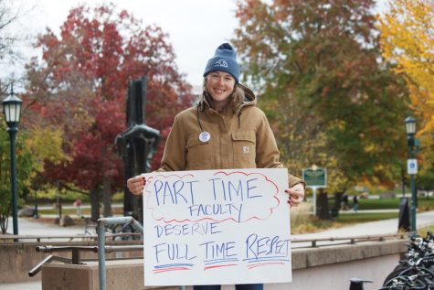 Katherine Elmer, lead negotiator for the part-time faculty bargaining team, before the faculty union’s rally on the Howe Library steps Oct. 20.
