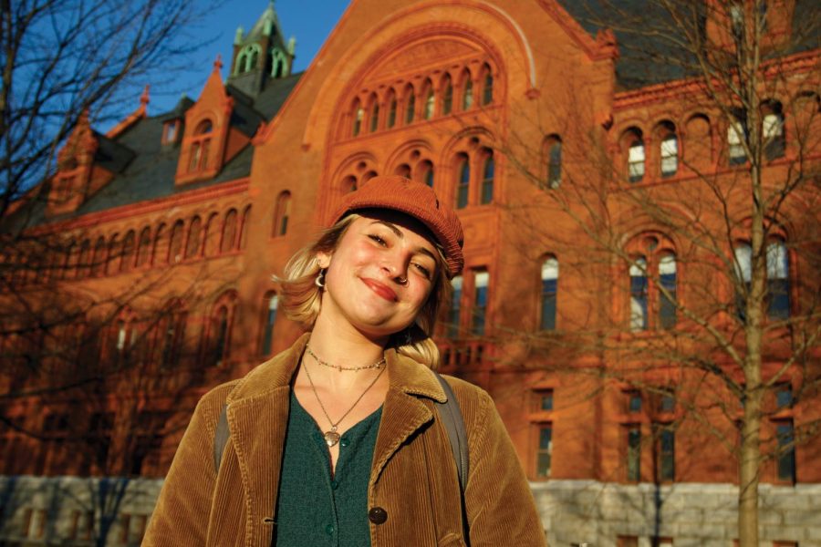 First-year Sofia Martins on Waterman green Nov. 9. She finds many of her clothes through thrifting.