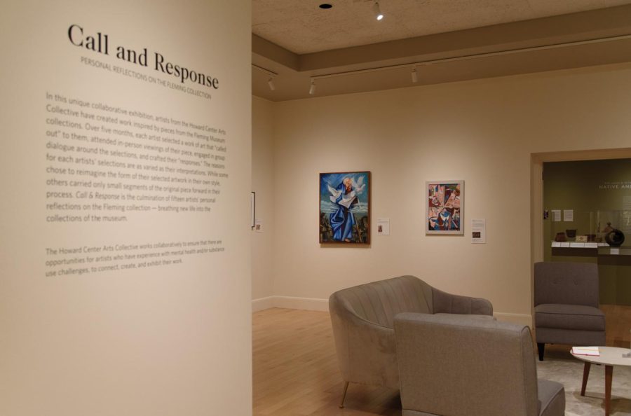 The “Call and Response” exhibit at the Fleming Museum Nov. 29. The seating in the room creates a storytelling space. 