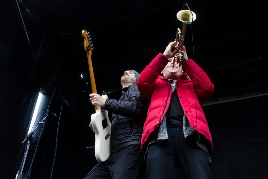 Saint Motel lead guitarist Aaron Sharp performs a solo alongside their guest trumpeter.