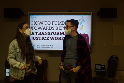 Erica Victoria, CARE team outreach coordinator, and Elliot Ruggles, sexual violence and education coordinator, lead “How to Fumble Toward Repair: A Transformative Justice Workshop” in the Living Well Studio April 12.