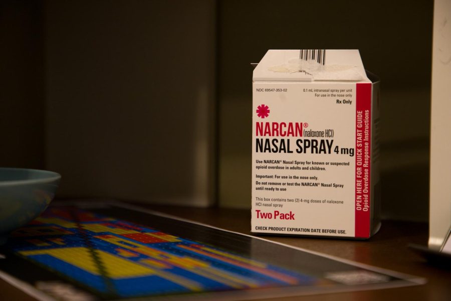 Narcan+nasal+spray%2C+which+can+be+found+in+the+harm+reduction+corner+of+Living+Well+April+19.