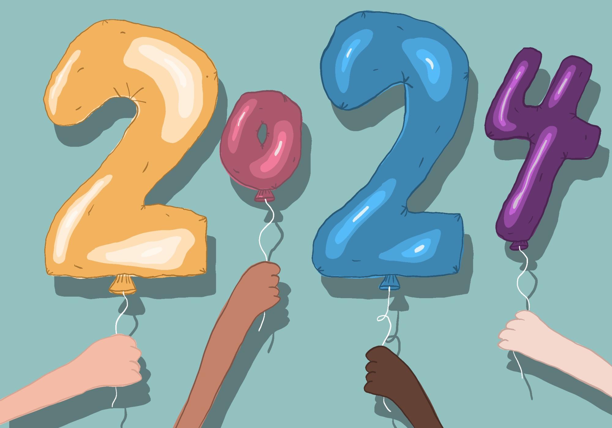 Mollys illustration for the culture staff ins and outs for 2024. Four balloons reading 2024 being held by four different hands.