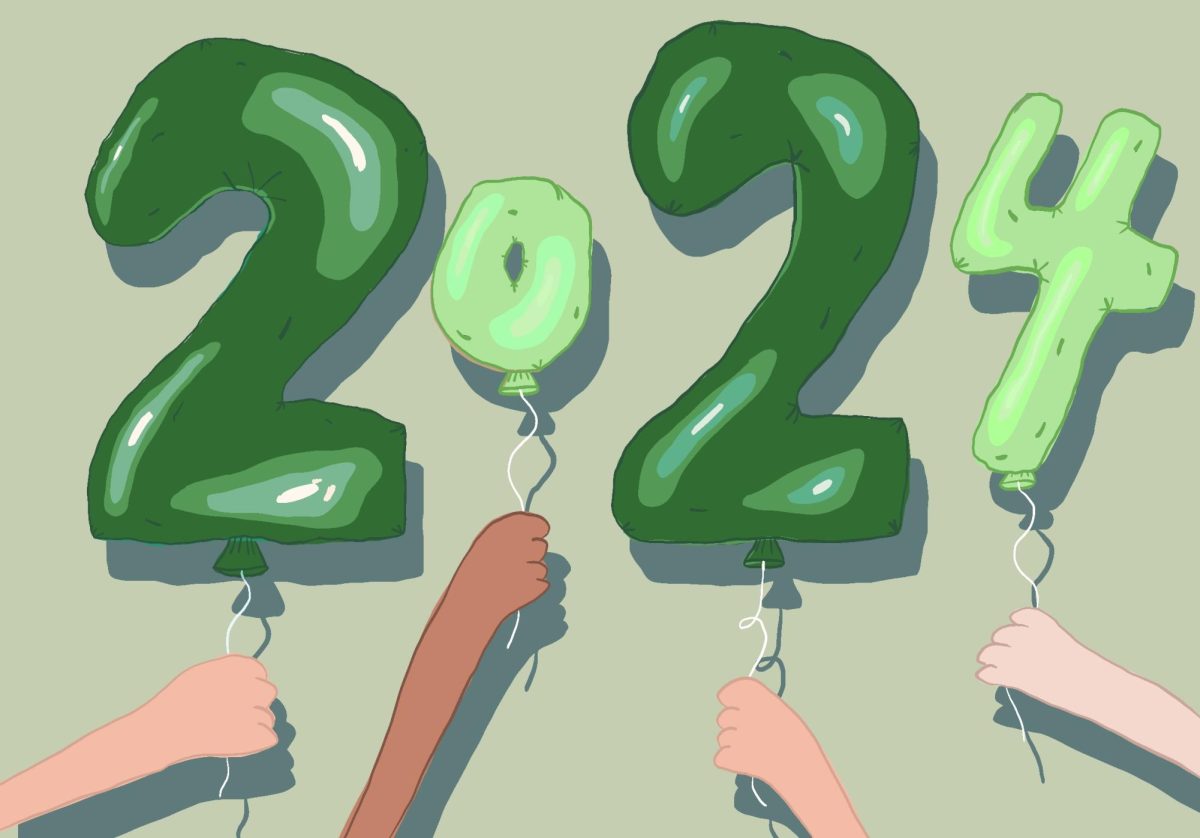 Mollys+illustration+for+the+Cynic+staff+ins+and+outs+for+2024.+Four+green+colors+balloons+reading+2024+being+held+by+four+different+hands.