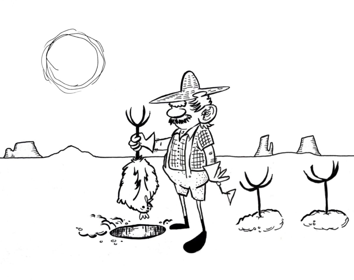 Andrew Slowmans cartoon for the cartoon caption collaboration #1. A farmer in the desert pulling up a chicken from the ground.