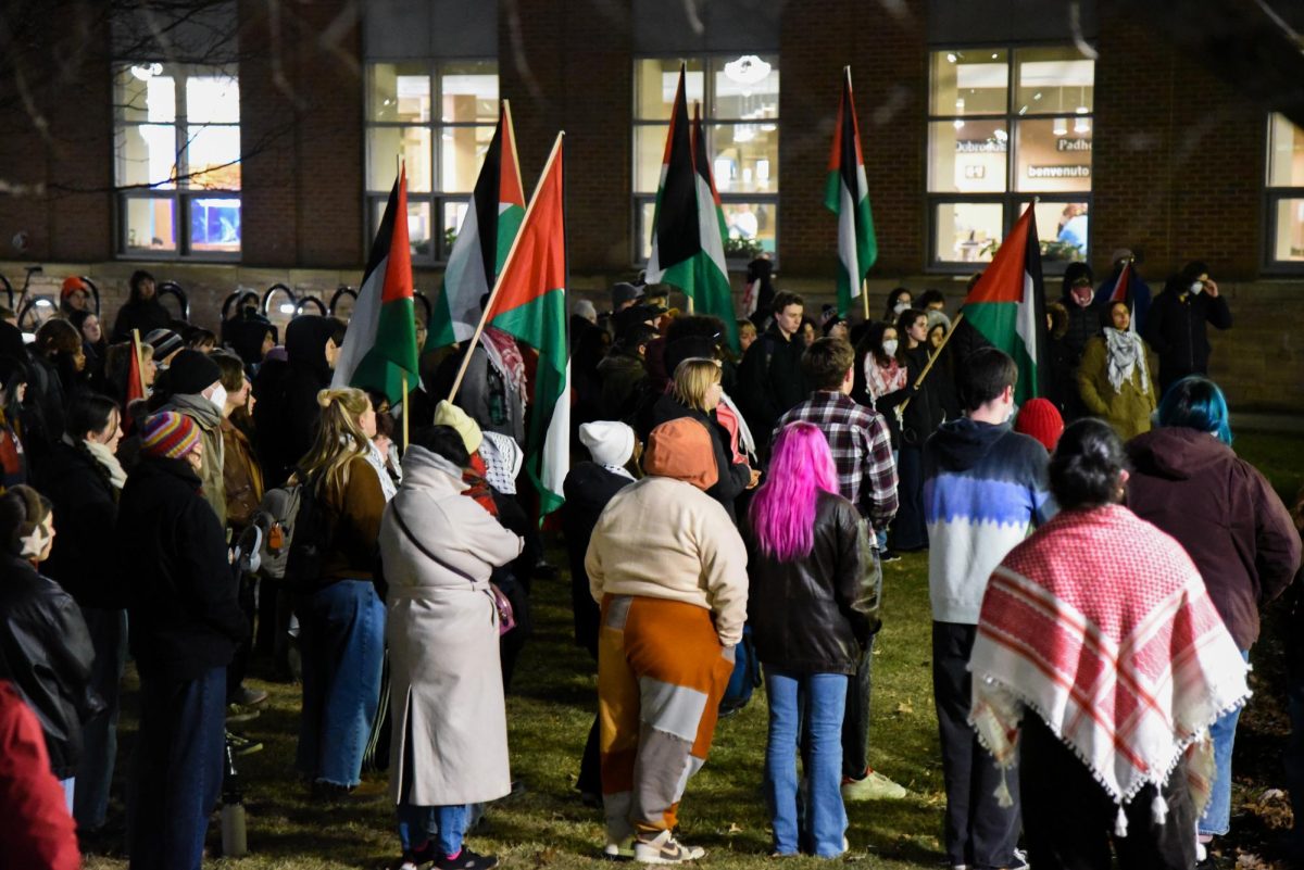 Students and community members join UVM Students for Justice in Palestine for a vigil at the Davis Center Amphitheater Feb. 13.