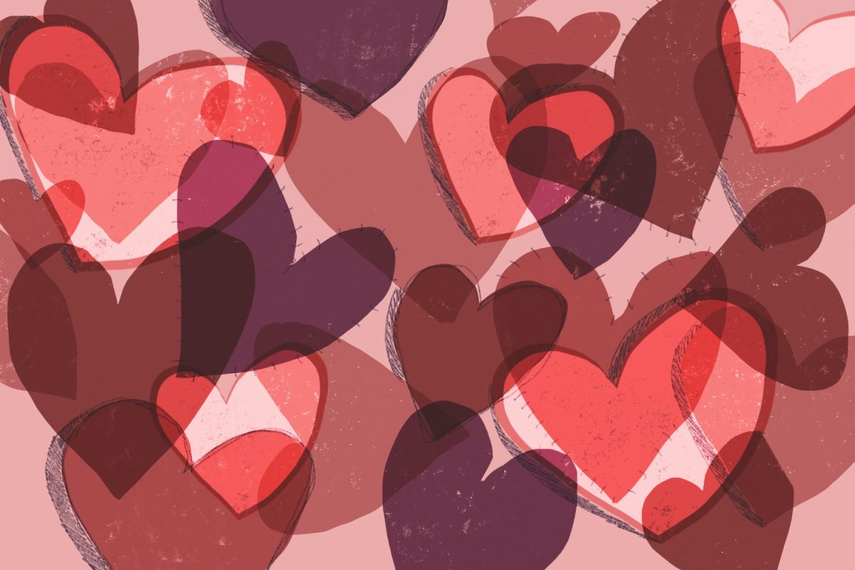 Mollys illustration for the heart takes column. Featuring various sized and colored hearts overlayed atop one another.