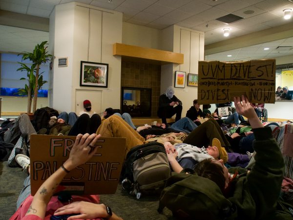 The die-in continued on the fourth floor of the Davis Center as protestors chanted. 