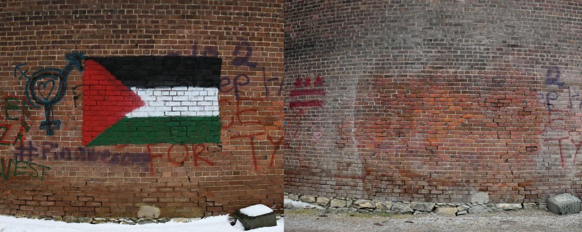 Palestine flag graffitied on a wall near the Interfaith Center Jan. 20. The same wall was photographed Jan. 31.