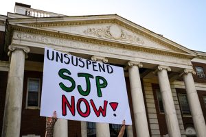 UVM students held a rally to protest SJP’s interim suspension outside the Royall Tyler Theater Sept. 12.
