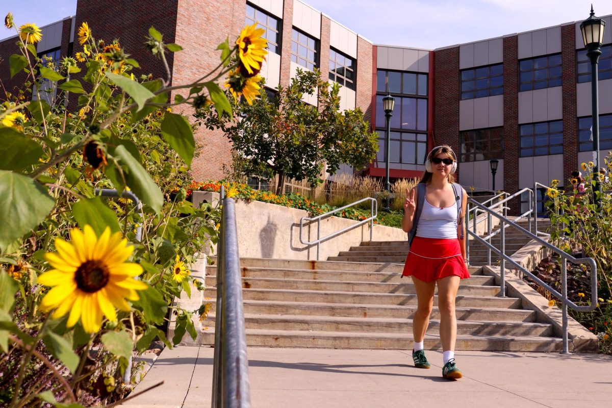 A student walking up the Davis Center stairs Sept. 18.