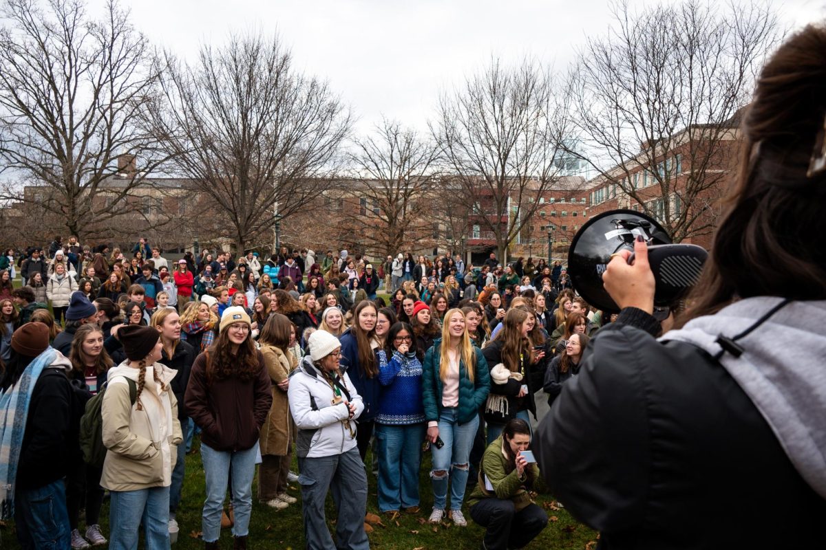 A crowd gathers on the Andrew Harris Commons.