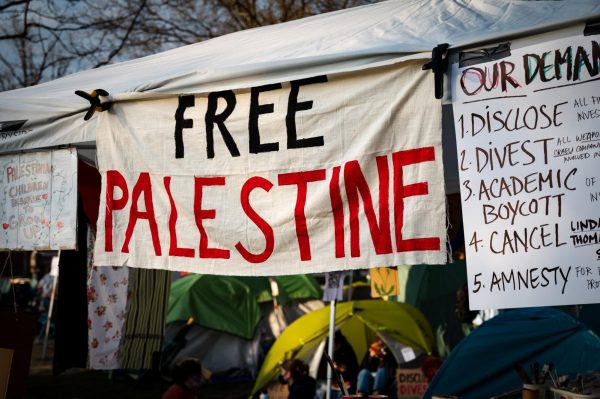 Students for Justice in Palestine established an encampment on the Andrew Harris Commons April 28.