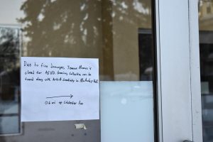 A sign posted to the doors of Jeanne Mance Hall Feb. 20. 