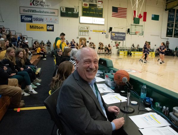 Steve Gentile announces at a women’s basketball game Feb. 8.
