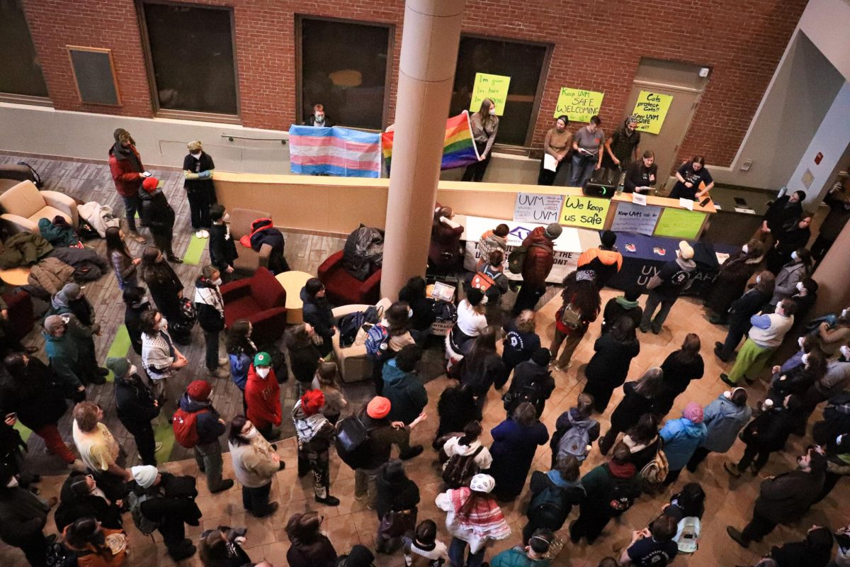 A crowd gathers in the Davis Center Atrium.