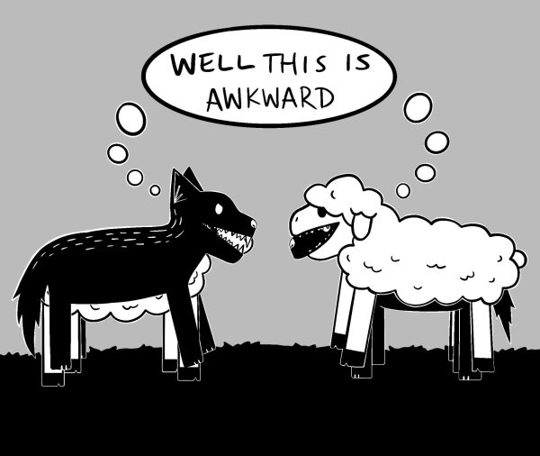 Alex's comic about a sheep in wolf's clothing meeting a wold in sheep's clothing.