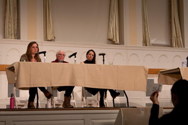 (Left to right) Allie Schachter, Kathy Olwell and Jen Monroe Zakaras debate in the Ira Allen Chapel Feb. 26. 