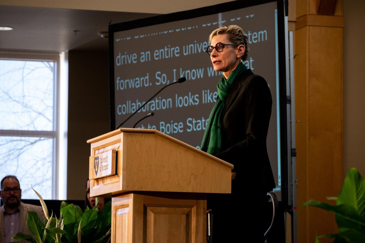 Marlene Tromp addresses a public forum in the Silver Maple Ballroom in the Davis Center March 19. 