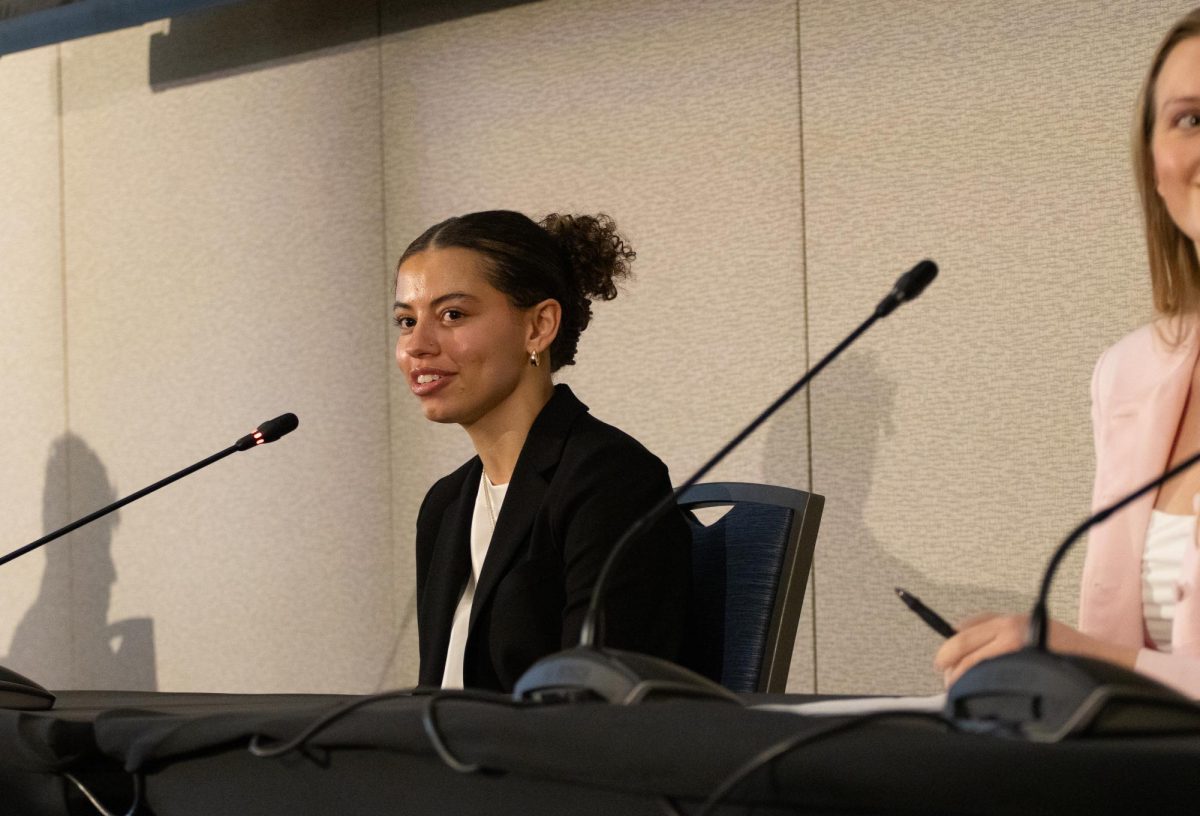 Current SGA Vice President Liv Bednarik addresses the student body in SGA presidential debate March 27.