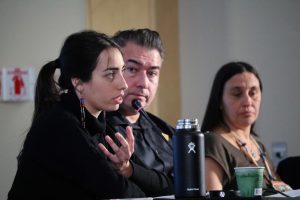 Mali-Agat Obomsawin, Jacques Watso and Jus Crea Giammarino speak at the Beyond Borders panel. 