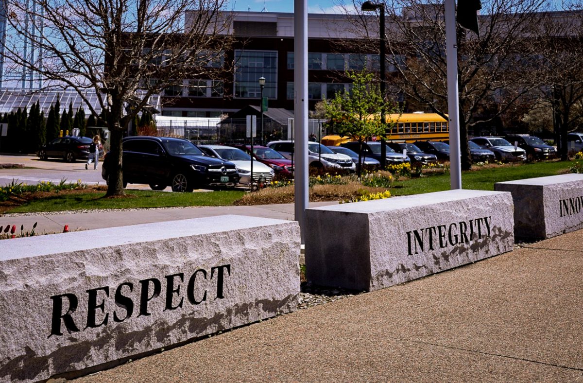 Common Ground Values displayed on blocks outside Davis Center April 30.